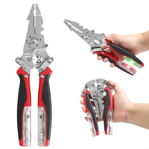 Faltbare Edelstahl Multifunktionale Abisolierzange mit integrierter Spannungserkennung 11 in 1 Elektrowerkzeug zum Kabelschneiden Automobilverdrahtung und Wartung Rot Schwarz von CYRENT
