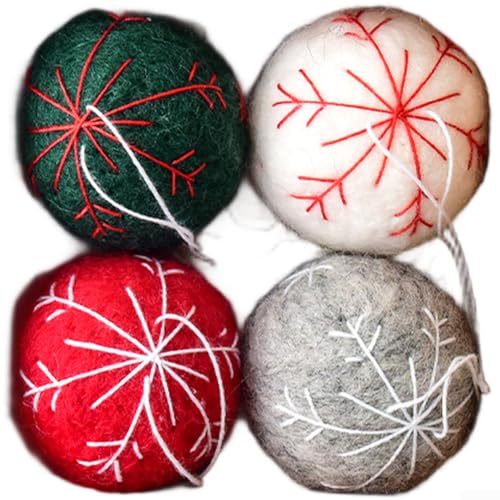 Filz-Weihnachtsbaumschmuck, Schneeflocken-Kugeln, Dekorationen, 4 Stück, hängende Wollfilzkugeln, rot weiß, 4 cm, Winter, minimalistische Dekoration für Zuhause, Urlaub, Fenster, Party (A) von CYRENT