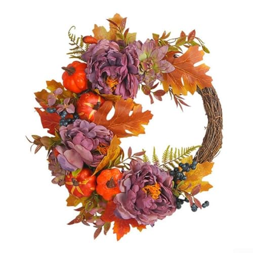 Herbstkranz, Haustür, rustikaler Kunstblumenkürbis, 35 cm, halbrund, Bauernhaus-Dekoration für Wand, Fenster, Veranda, Erntedankfest, saisonales Zuhause, Acryl, Seide, Kunststoff (tiefrot) von CYRENT