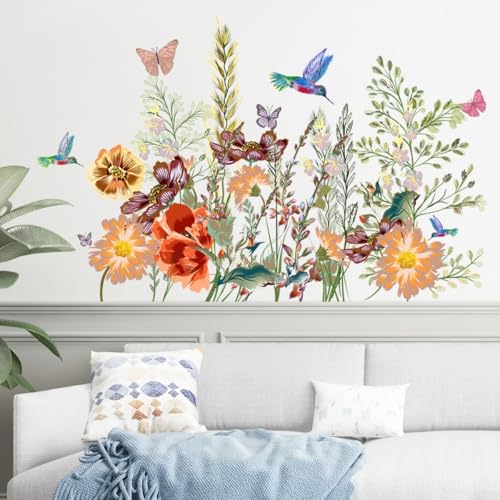 Home Wandaufkleber mit Blumengras Schmetterling Kunst für Wohnzimmer Dekoration DIY Abnehmbarer und wasserdichter PVC-Aufkleber von CYRENT