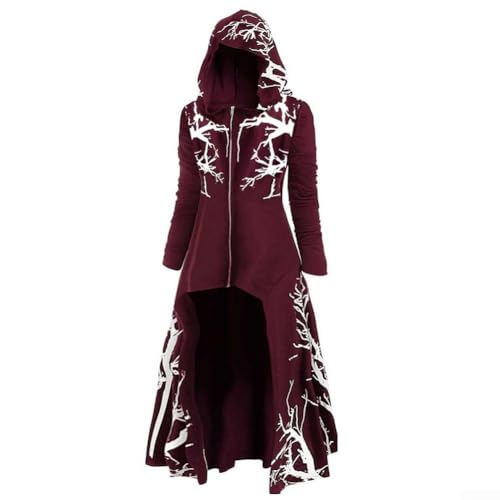 Langarm Gothic Kapuzenkleid für Damen Herbst Winter Casual Loose Fit Mantel mit unregelmäßigem Saum Geeignet für den Alltag (XXL Rot) von CYRENT