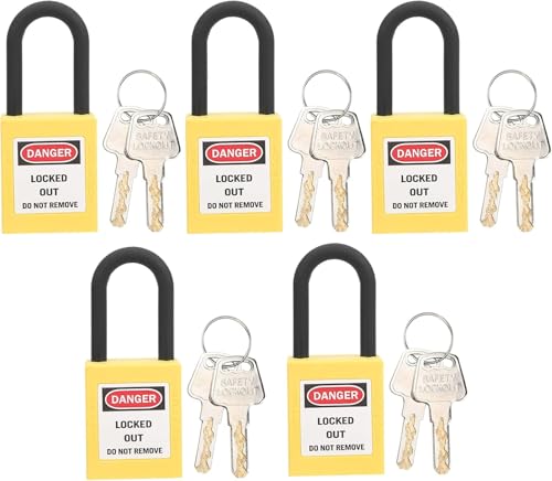 CYSFETENA 5 Sets Lockout Tagout Schloss, 38mm Stahl Korrosionsbeständig Vorhängeschlösser Gleichschließend Set, Hängeschloss für Lock Out Tag Out Stationen Erdöl Gas Chem (Gelb) von CYSFETENA