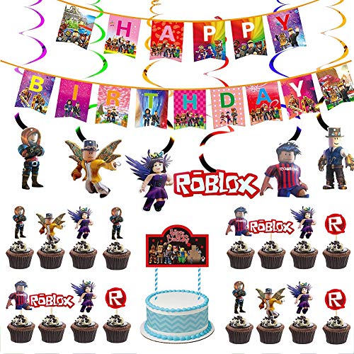 CYSJ 32 Pcs Roblox Motto-Partyzubehör Geburtstagsfeier Dekorationen Roblox Cake Toppers Spiralverzierung,Banner,Cupcake Topper für Spielliebhaber,Kinder Geburtstag Dekoration von CYSJ