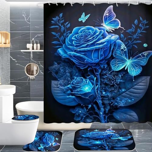 CYSYLQW 4Pcs Rose Duschvorhänge Set Rosen Blumen Duschvorhänge Rote Rose Blumenduschvorhang-Sets, Rose Flower Regentropfen-Duschvorhang Badezimmerteppich 4-teiliges Set (180 x 200 cm(BxH),4) von CYSYLQW