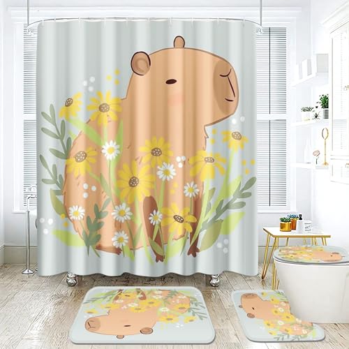 CYSYLQW Capybara Duschvorhang 180 x 200 180 x 180 Lustige Capybara Duschvorhänge Wasserdichtes Polyester 3D Tier Duschvorhang Badezimmermatte 4-teiliges Set (180 x 180 cm,1) von CYSYLQW