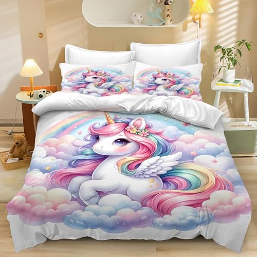CYSYLQW Einhorn Bettwäsche 135x200cm Kinderbettwäsche Einhorn Rosa Mädchen Kinder Bettbezug Set Für 3D Microfaser Rosa Einhorn Bettwäsche-Sets Mit Reißverschlus (135 x 200 cm,4) von CYSYLQW