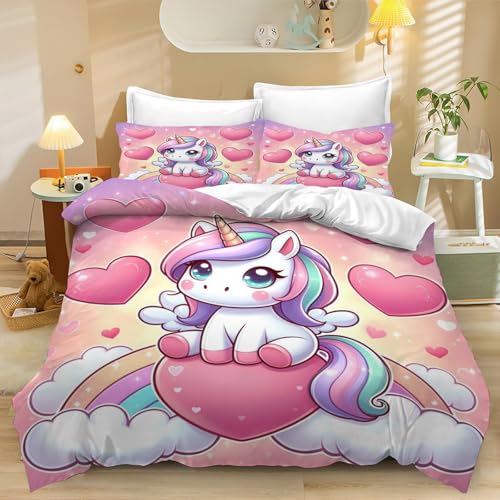 CYSYLQW Einhorn Bettwäsche 135x200cm Kinderbettwäsche Einhorn Rosa Mädchen Kinder Bettbezug Set Für 3D Microfaser Rosa Einhorn Bettwäsche-Sets Mit Reißverschlus (140 x 210 cm,2) von CYSYLQW