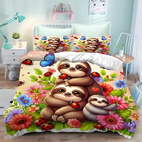 CYSYLQW Faultier Bettwäsche 135x200 Cartoon Tiere Faultier Bettwäsche Set Für Jungen Mädchen 3D Drucken 100% Mikrofaser Cartoon Bettbezug Und Kissenbezug (135 x 200 cm,1) von CYSYLQW