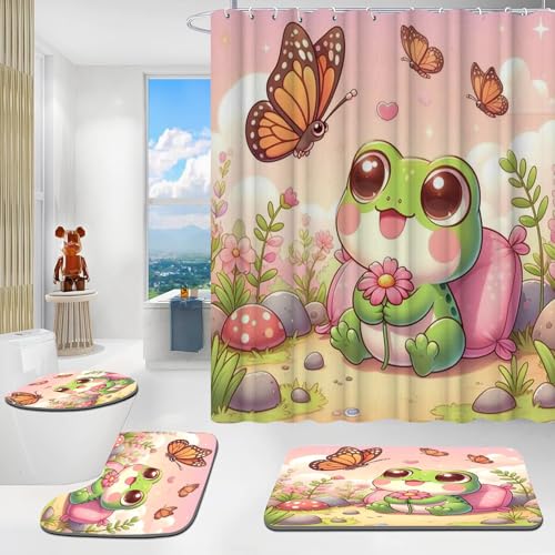 CYSYLQW Frosch Duschvorhang 180x200 Süßer Frosch Tier Grün Textil Duschvorhänge Set Polyester Frosch Shower Curtains Badezimmerteppich 4-teiliges Set (180 x 180 cm(BxH),3) von CYSYLQW