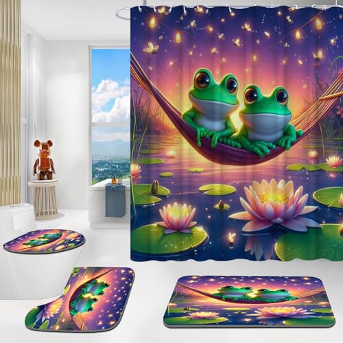 CYSYLQW Frosch Duschvorhang 180x200 Süßer Frosch Tier Grün Textil Duschvorhänge Set Polyester Frosch Shower Curtains Badezimmerteppich 4-teiliges Set (180 x 200 cm(BxH),1) von CYSYLQW