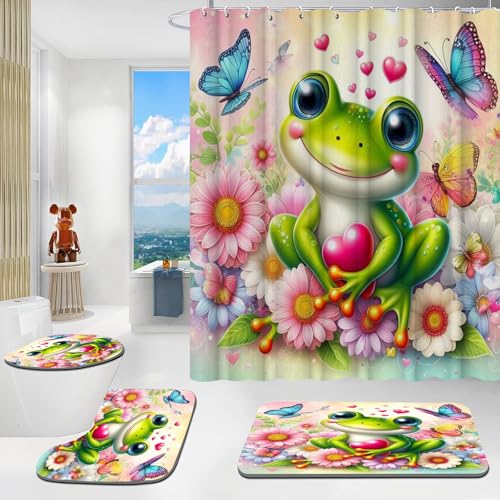 CYSYLQW Frosch Duschvorhang 180x200 Süßer Frosch Tier Grün Textil Duschvorhänge Set Polyester Frosch Shower Curtains Badezimmerteppich 4-teiliges Set (180 x 200 cm(BxH),7) von CYSYLQW