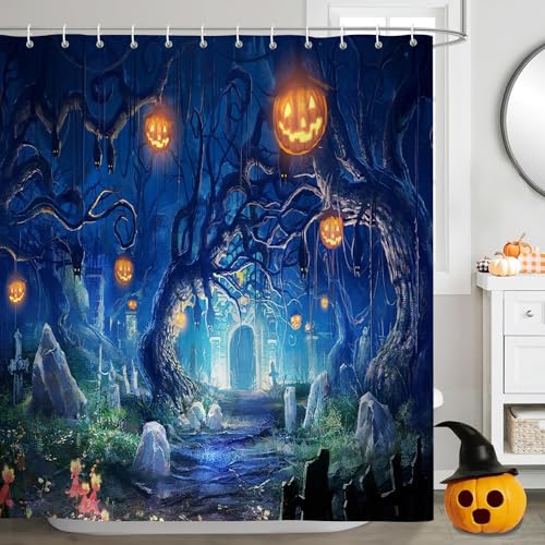 CYSYLQW Halloween Duschvorhang 180x180 180x200 Halloween Kürbis Gothic Spooky Happy Halloween Duschvorhänge Textil Totenkopf Shower Curtains Wasserdicht (180 x 180 cm(BxH),5) von CYSYLQW