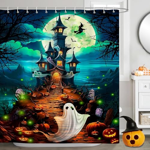 CYSYLQW Halloween Duschvorhang 180x180 180x200 Halloween Kürbis Gothic Spooky Happy Halloween Duschvorhänge Textil Totenkopf Shower Curtains Wasserdicht (180 x 200 cm(BxH),2) von CYSYLQW