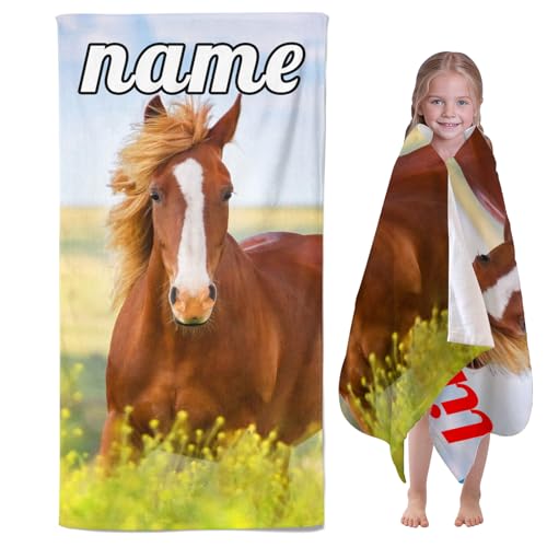 CYSYLQW Handtuch Pferd Kinder Badetuch mit Namen, Pferd Strandtuch Kinderhandtuch personalisiert Mikrofaser Pferd Strandtuch Groß 100x200cm Badetuch Duschtuch Kinder Pferd (40 x 80 cm,1) von CYSYLQW