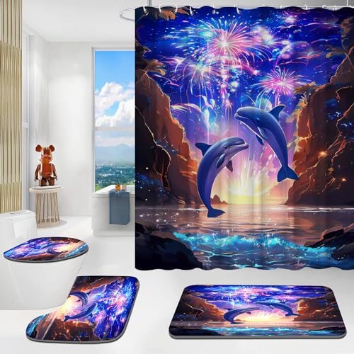 CYSYLQW Ozean Delfin Duschvorhang 180x180 180x200 Delfin Fisch Blau Ocean Tiere Strand Duschvorhänge 3D Delfin Shower Curtains Badezimmerteppich 4-teiliges Set (180 x 200 cm(BxH),1) von CYSYLQW