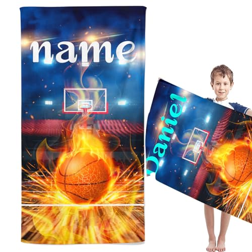 CYSYLQW Personalisiert Basketball Strandtuch Mit Namen, Basketball Handtuch Mit Namen Badetuch Für Jungen Mikrofaser Strandtuch Groß 100x200cm Badetuch Handtuch Basketball (80 x 150 cm,1) von CYSYLQW