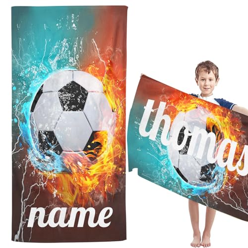 CYSYLQW Personalisiert Fußball Strandtuch Mit Namen, Personalisierte Fußball Handtuch Badetuch Mit Namen Mikrofaser Strandtuch Groß 100x200cm Badetuch Fußball Für Kinder (60 x 120 cm,1) von CYSYLQW