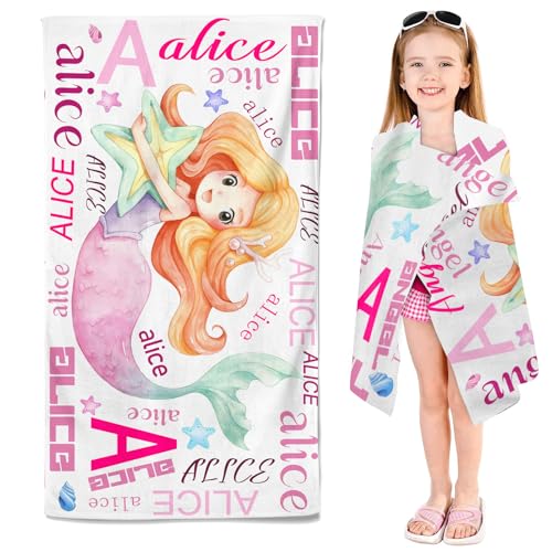 CYSYLQW Personalisiert Strandtuch Mit Namen, Personalisierte Handtuch Badetuch Mit Namen Mikrofaser Mermaid Strandtuch Groß 100x200cm Badetuch Mermaid Kinder mädchen (70 x 140 cm,1) von CYSYLQW