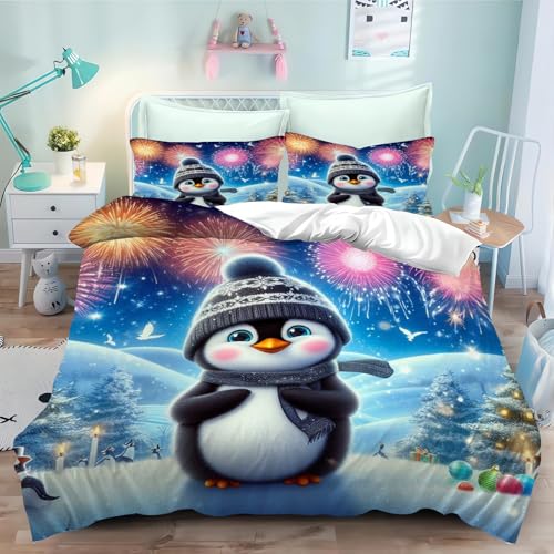 CYSYLQW Pinguin Bettwäsche 135x200 Kinder Biber Pinguin Bettwäsche Set Für Jungen Mädchen 3D Drucken 100% Mikrofaser Süße Pinguin Bettbezug Und Kissenbezug (135 x 200 cm,4) von CYSYLQW