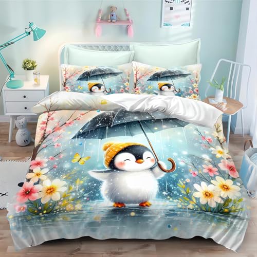 CYSYLQW Pinguin Bettwäsche 135x200 Kinder Biber Pinguin Bettwäsche Set Für Jungen Mädchen 3D Drucken 100% Mikrofaser Süße Pinguin Bettbezug Und Kissenbezug (135 x 200 cm,6) von CYSYLQW