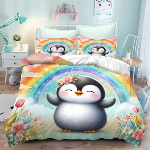 CYSYLQW Pinguin Bettwäsche 135x200 Kinder Biber Pinguin Bettwäsche Set Für Jungen Mädchen 3D Drucken 100% Mikrofaser Süße Pinguin Bettbezug Und Kissenbezug (140 x 210 cm,1) von CYSYLQW