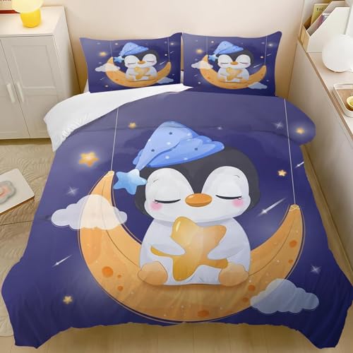 CYSYLQW Pinguin Bettwäsche 135x200 Kinderbettwäsche Pinguin für Jungen Mädchen Biber Bettwäsche Set mit 3D Drucken Pinguin Bettbezug Und Kissenbezug (135 x 200 cm,3) von CYSYLQW