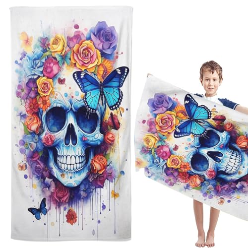 CYSYLQW Skull Totenkopf Strandtücher Groß 80×160cm Skull Blumen Skelett Badetuch Strandlaken Handtücher 50x100cm Gotisch Badetuch Groß 100x200cm Microfaser Handtücher (100 x 200 cm,3) von CYSYLQW