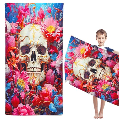 CYSYLQW Skull Totenkopf Strandtücher Groß 80×160cm Skull Blumen Skelett Badetuch Strandlaken Handtücher 50x100cm Gotisch Badetuch Groß 100x200cm Microfaser Handtücher (80 x 160 cm,2) von CYSYLQW