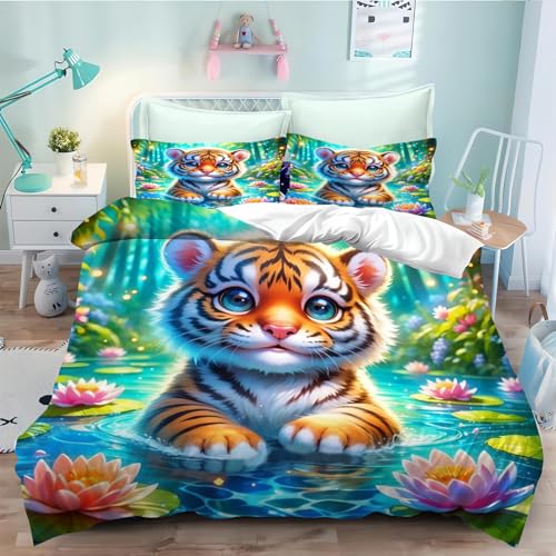 CYSYLQW Tiger Bettwäsche 135x200 Tiger Wildtier Tiere Bettbezug Set für Kinder 3D-Druck Weich Mikrofaser Tiger Grün Pflanze Bettwäsche-Sets mit Reißverschluss (135 x 200 cm,1) von CYSYLQW