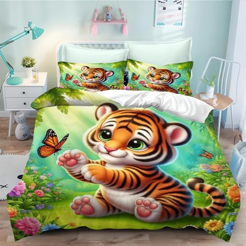 CYSYLQW Tiger Bettwäsche 135x200 Tiger Wildtier Tiere Bettbezug Set für Kinder 3D-Druck Weich Mikrofaser Tiger Grün Pflanze Bettwäsche-Sets mit Reißverschluss (135 x 200 cm,2) von CYSYLQW