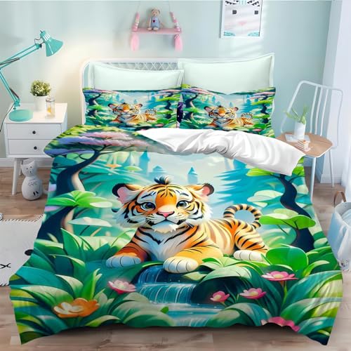 CYSYLQW Tiger Bettwäsche 135x200 Tiger Wildtier Tiere Bettbezug Set für Kinder 3D-Druck Weich Mikrofaser Tiger Grün Pflanze Bettwäsche-Sets mit Reißverschluss (135 x 200 cm,5) von CYSYLQW