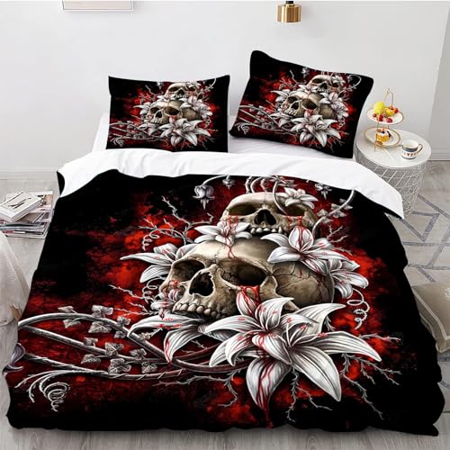 CYSYLQW Totenkopf Bettwäsche 135x200 Skull Schädel Muster Gothic Totenkopf Bettbezug Set Weiche Microfaser Skull Rosen Bettbezug mit Kissenbezug (135 x 200 cm,4) von CYSYLQW