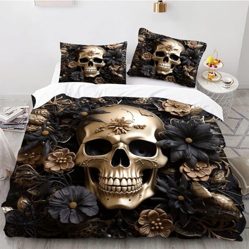 CYSYLQW Totenkopf Bettwäsche 135x200 Skull Schädel Muster Gothic Totenkopf Bettbezug Set Weiche Microfaser Skull Rosen Bettbezug mit Kissenbezug (135 x 200 cm,5) von CYSYLQW