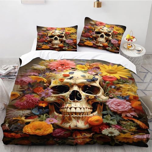 CYSYLQW Totenkopf Bettwäsche 135x200 Skull Schädel Muster Gothic Totenkopf Bettbezug Set Weiche Microfaser Skull Rosen Bettbezug mit Kissenbezug (140 x 210 cm,2) von CYSYLQW