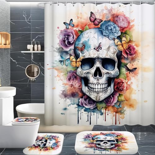 CYSYLQW Totenkopf Duschvorhang 180 x 200 180 x 180 Totenkopf Blumen Gothic Duschvorhänge Polyeste Skull Halloween Skelett Duschvorhang Badezimmermatte 4-teiliges Set (180 x 180 cm(BxH),2) von CYSYLQW