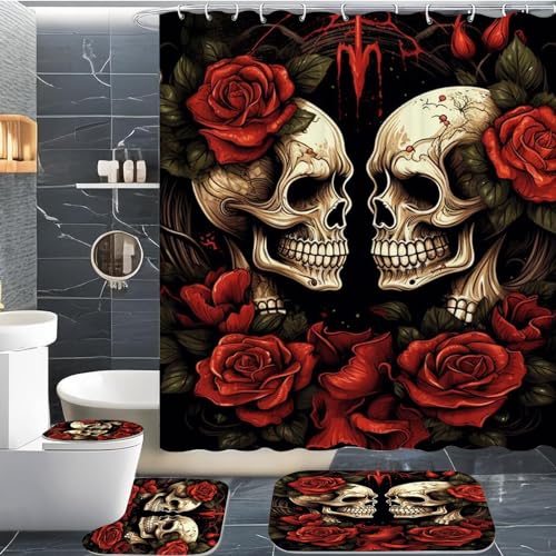 CYSYLQW Totenkopf Duschvorhang 180 x 200 180 x 180 Totenkopf Blumen Gothic Duschvorhänge Polyeste Skull Halloween Skelett Duschvorhang Badezimmermatte 4-teiliges Set (180 x 200 cm(BxH),4) von CYSYLQW