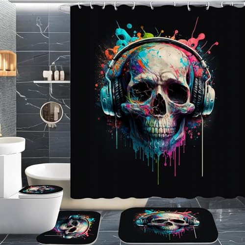 CYSYLQW Totenkopf Duschvorhang 180 x 200 180 x 180 Totenkopf Blumen Gothic Duschvorhänge Polyeste Skull Halloween Skelett Duschvorhang Badezimmermatte 4-teiliges Set (180 x 200 cm(BxH),5) von CYSYLQW