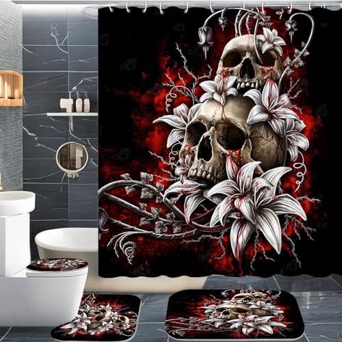 CYSYLQW Totenkopf Duschvorhang 180 x 200 180 x 180 Totenkopf Blumen Gothic Duschvorhänge Polyeste Skull Halloween Skelett Duschvorhang Badezimmermatte 4-teiliges Set (200 x 200 cm(BxH),1) von CYSYLQW