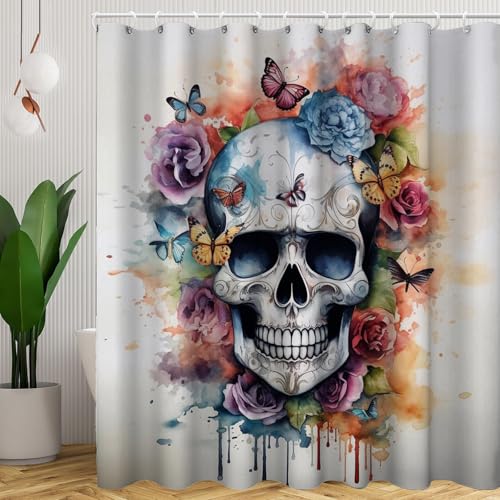 CYSYLQW Totenkopf Halloween Duschvorhang 180 x 200 180 x 180 Totenkopf Halloween Schädel Muster Gothic Duschvorhänge Polyeste Skull Skelett Shower Curtain Wasserdicht (120 x 200 cm(BxH),2) von CYSYLQW
