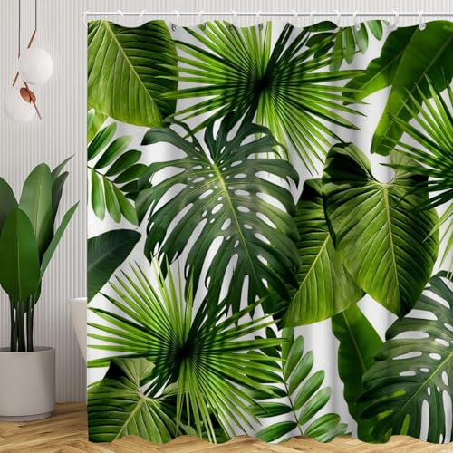 CYSYLQW Tropische Blätter Duschvorhang 180x180 Grüne Blätter Tropische Palmblätter Pflanzen Duschvorhänge Textil Stoff Blätter Bad Vorhang Shower Curtains Wasserdicht (180 x 200 cm(BxH),1) von CYSYLQW