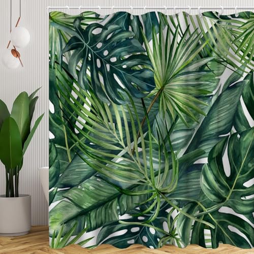 CYSYLQW Tropische Blätter Duschvorhang 180x180 Grüne Blätter Tropische Palmblätter Pflanzen Duschvorhänge Textil Stoff Blätter Bad Vorhang Shower Curtains Wasserdicht (200 x 200 cm(BxH),5) von CYSYLQW