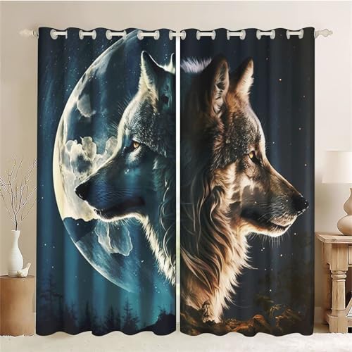 CYSYLQW Wolf Blickdichter Vorhänge Wolf Mit Ösen Tier Verdunkelungsvorhänge 2er Set Gardinen für Dekoration Kinderzimmer Wolf Verdunkelungsvorhang-Set (3,150 x 166cm(2X75X166cm)) von CYSYLQW