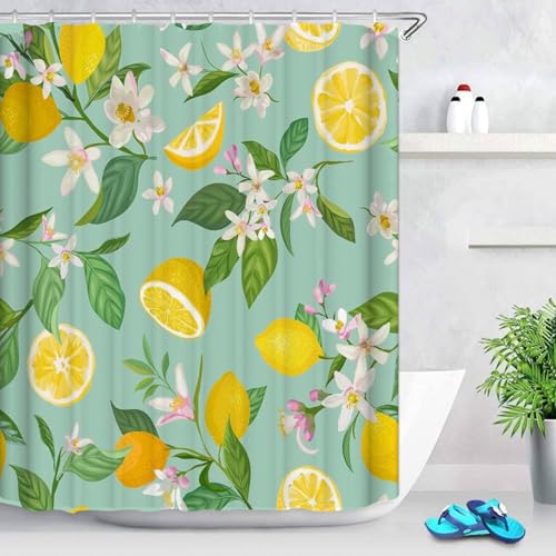 CYSYLQW Zitrone Duschvorhang 180x180 180x200 Zitronen Grüne Blätter Pflanze Zitrone Duschvorhänge Textil Polyester Stoff Zitrone Bad Vorhang Shower Curtains Wasserdicht (120 x 200 cm(BxH),1) von CYSYLQW