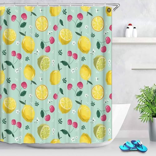 CYSYLQW Zitrone Duschvorhang 180x180 180x200 Zitronen Grüne Blätter Pflanze Zitrone Duschvorhänge Textil Polyester Stoff Zitrone Bad Vorhang Shower Curtains Wasserdicht (180 x 200 cm(BxH),5) von CYSYLQW