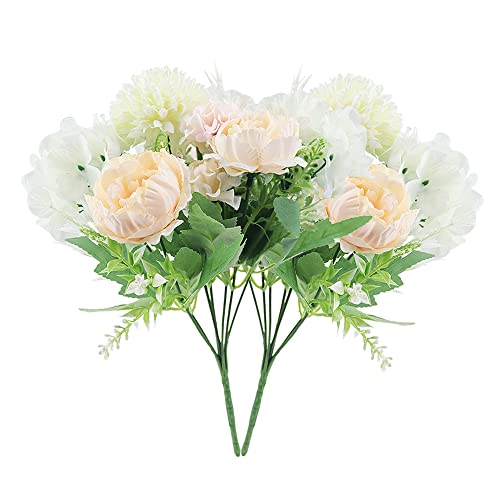 CYUaoao 2 Bündeln Blumensträuße Künstliche Blumen Set Wie Echt Seidenblumen Hortensien Pfingstrose Unechte Blumen Deko für Zimmer Restaurant Party Hochzeit Weiß Rosa Champagner von CYUaoao