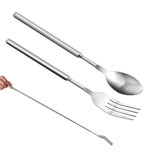 2 Pcs Ausziehbare Gabel Löffel,Gabel Einziehbarer Set Edelstahl Teleskopgabel Teleskoplöffel Verlängerungsgabel Löffel 20-64 cm Edelstahl Teleskoplöffel für BBQ, Toasten,Abendessen,Obst,Dessert von CYXZMYA