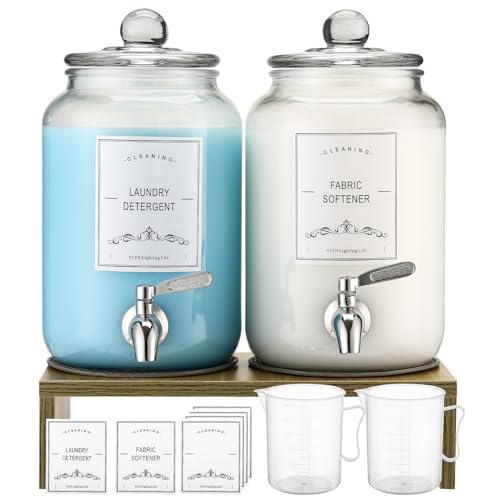 2er-Pack Glas-Waschmittelspender mit Ständer, 3005 ml, auslaufsicherer Glas-Weichspüler-Spender, Wäscheseifenspender, wiederverwendbarer Behälter für Küche und Badezimmer von CYYKDA