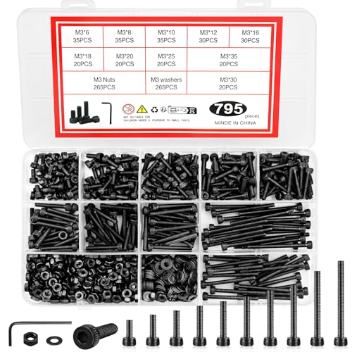 795Pcs M3 Schrauben Muttern Sortiment Set, Schwarze Zylinderschrauben Innensechskant Schrauben und Muttern und Unterlegscheiben Sortiment Set (M3) von CYYSHR