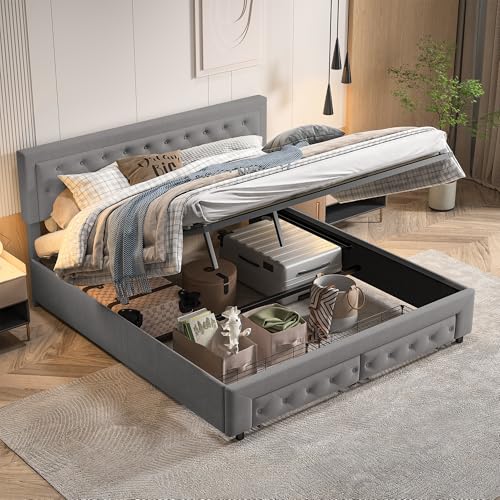180 x 200 cm Hochklappbares Bettgestell mit Schubladen, gepolsterter Plattform-Bettrahmen mit 2 Schubladen und Flügelkopfteil, hydraulisches Bettgestell von CYYZB