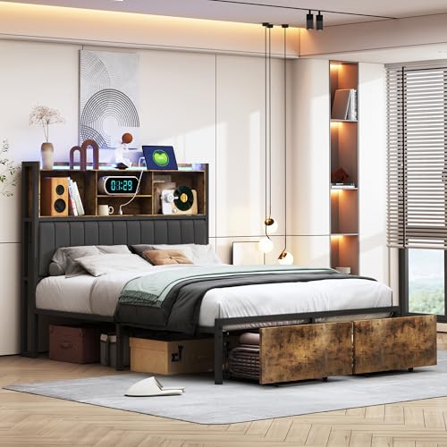 Bett 140 x 200 cm für 2 Personen mit LED-Lichtern, gepolstertes Kopfteil mit Stauraum, gepolstertes Doppelbett mit 2 Schubladen, für 2 Personen für Erwachsene, modern, einfach zu montieren von CYYZB